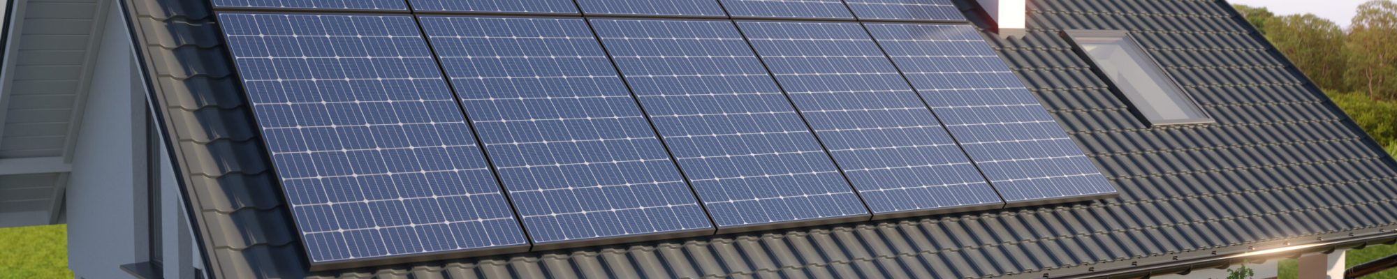 Solar panels on roof of the modern single family house, 3D illus